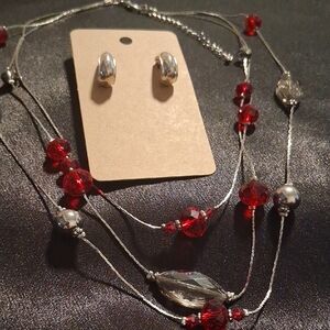 Monet Silver and Red Glass Crystal Cut Necklace & Half Moon Earrings Set.